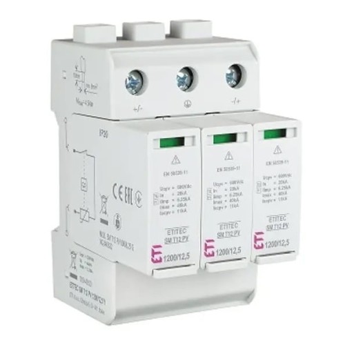 Viršsrovių ribotuvas PV DC 1+2 (B+C) tipo 1200V 3P 12.5kA 4.4kV ETITEC SM T12 PV 1200/12.5 Y 002440630 ETI GPV-401-50