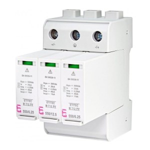 ETI Įtampos riboklis PV DC Tipas 1+2 (Klasė B+C) 1100V 3P 65kA 3,8kV