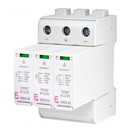 Viršsrovių ribotuvas PV nuolatinės srovės 1+2 (B+C) tipas 1100V 3P 65kA 3,8kV ETITEC EM T12 PV 1100/6,25 Y 002440580 ETI GPV-401-64