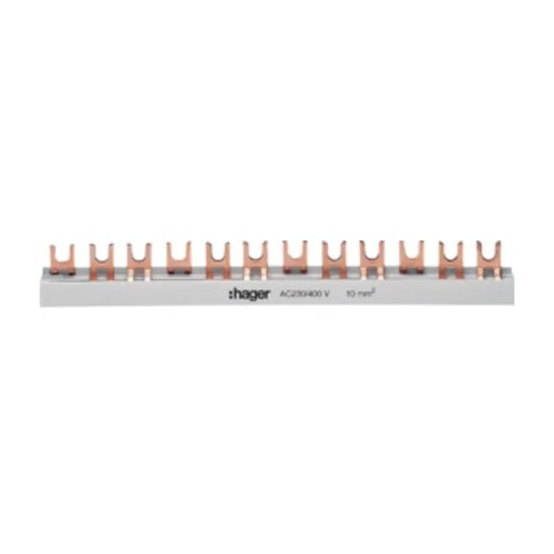 Jungiamasis bėgelis 3 poliai 57mod 10mm2, KDN363B su šakute Hager GPV-401-80