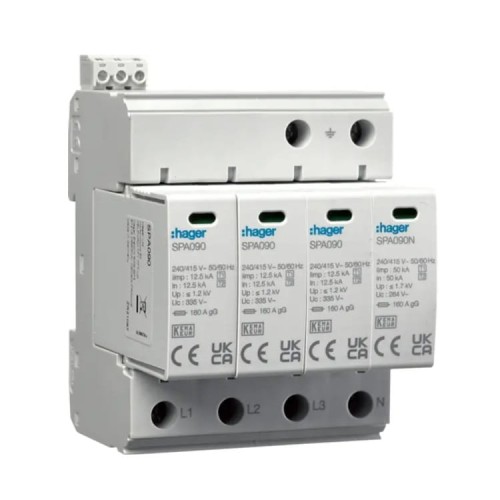 Hager 1+2 tipo viršįtampių ribotuvas (B+C klasė) 4P 50kA 1,2 kV GPV-401-101