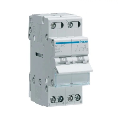 Hager Modulinis instaliacinis jungiklis I-0-II (1-0-2) Viršutinė jungtis 2P 40A 230V AC GPV-401-212