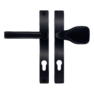Juoda durų rankena-butonėlis su skydeliu PZ 90 mm – H240 × L30 mm